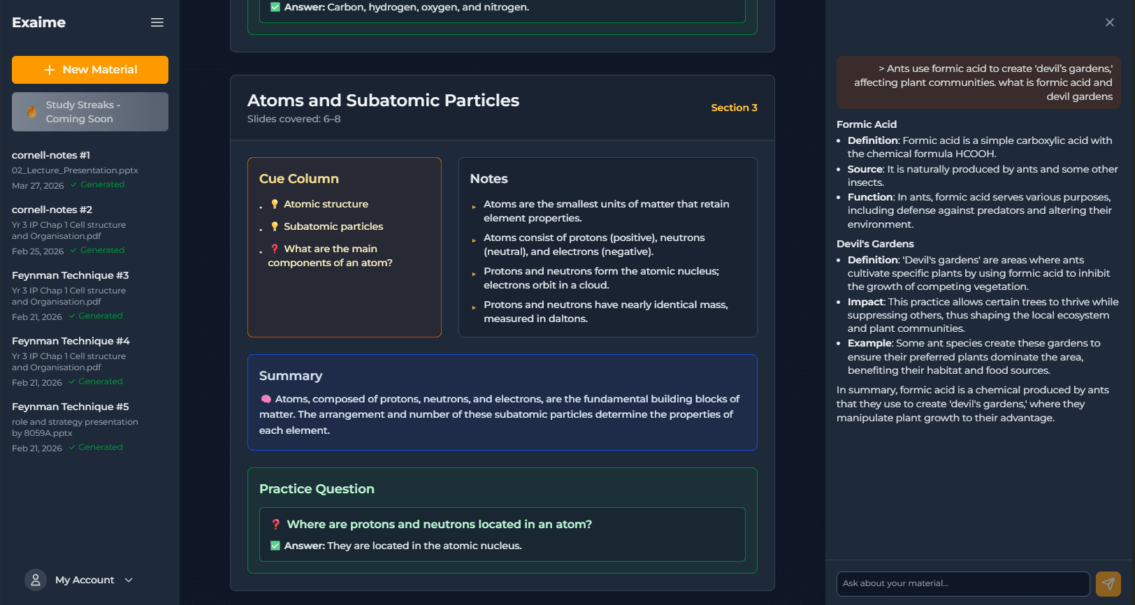 Exaime product dashboard and study workspace
